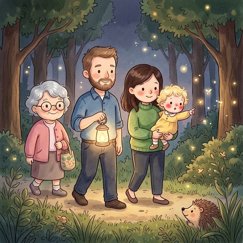Papa loopt met een lantaarn, mama draagt Besje en ziet kleine lichtjes in het bos